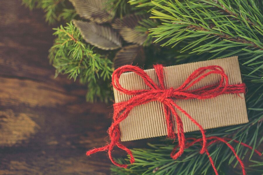 a brown cardboard gift box wrapped using a red string with a leafy background.