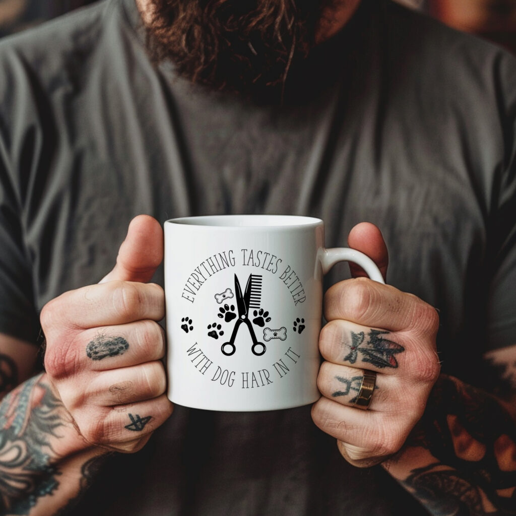 two tattooed hands holding a white ceramic mug that features dog grooming tool illustrations with text reading 'everything tastes better with dog hair in it'.